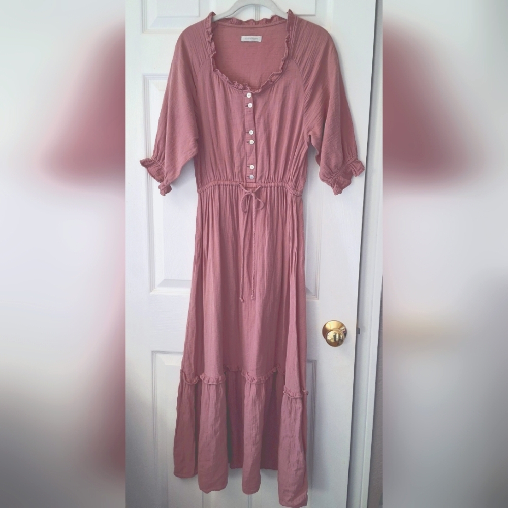 Outerknown Odyssey Peasant Maxi Dress Tiered 100% Organic Cotton Pink Sz XS